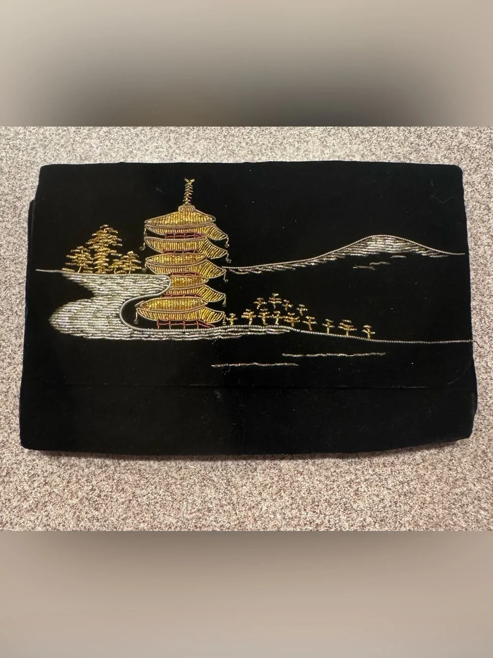 Vintage Dark Green Velvet Japanese  Clutch Mt Fuji & Pagoda Landscape Handmade